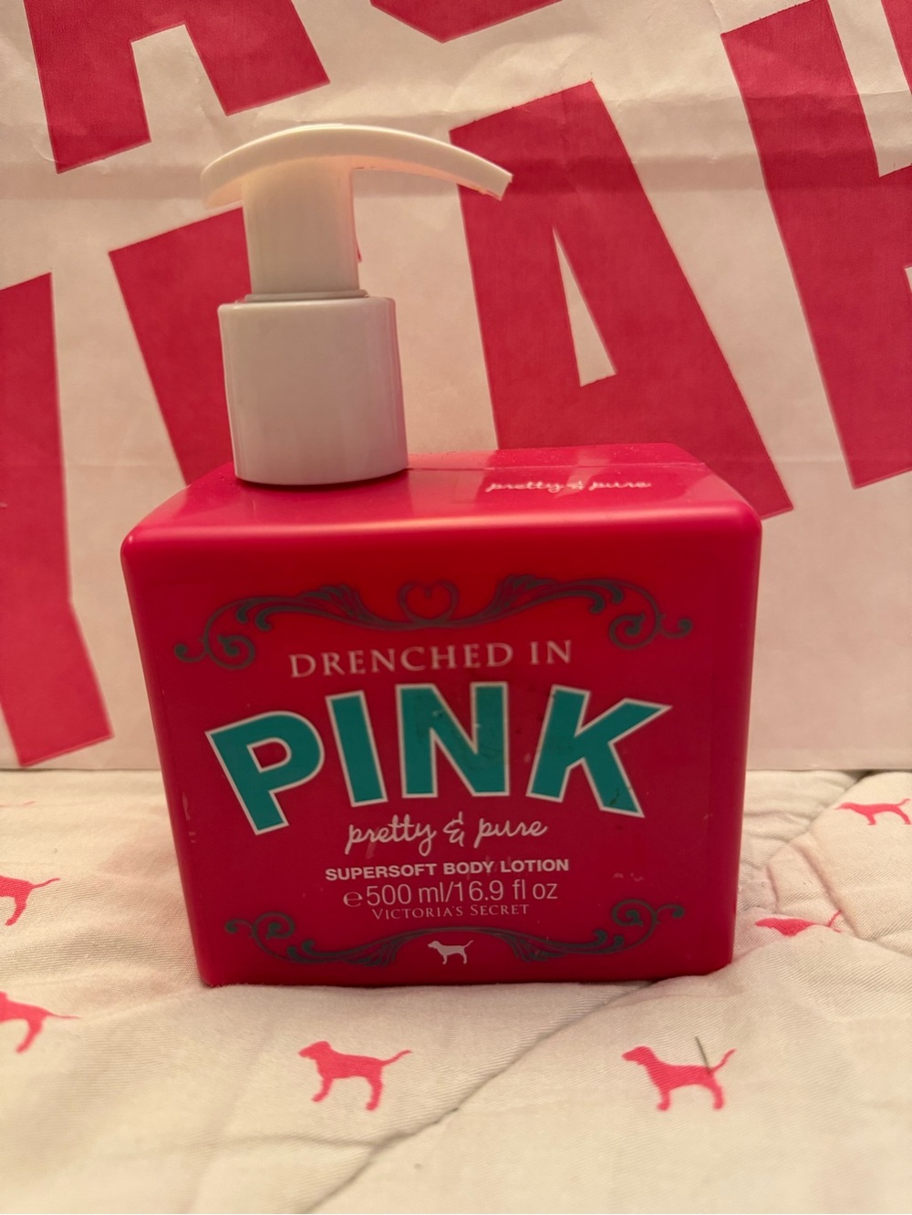VS PINK VINTAGE Y2K DRENCHED IN PINK SQUARE BODY LOTION “PRETTY & PURE” NEW 16.9